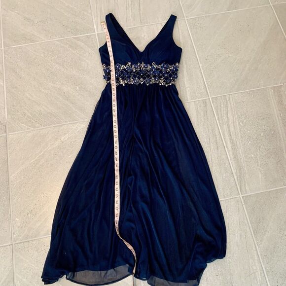 Betsey Adam Navy Blue Gown With Illusion Waist Dress Size 6 Petite - Picture 4 of 7